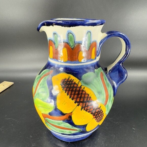 Mexico Art Pottery Talavera Pitcher Carafe Multicolor Frutal Decor Hand Made VTG - Picture 12 of 16